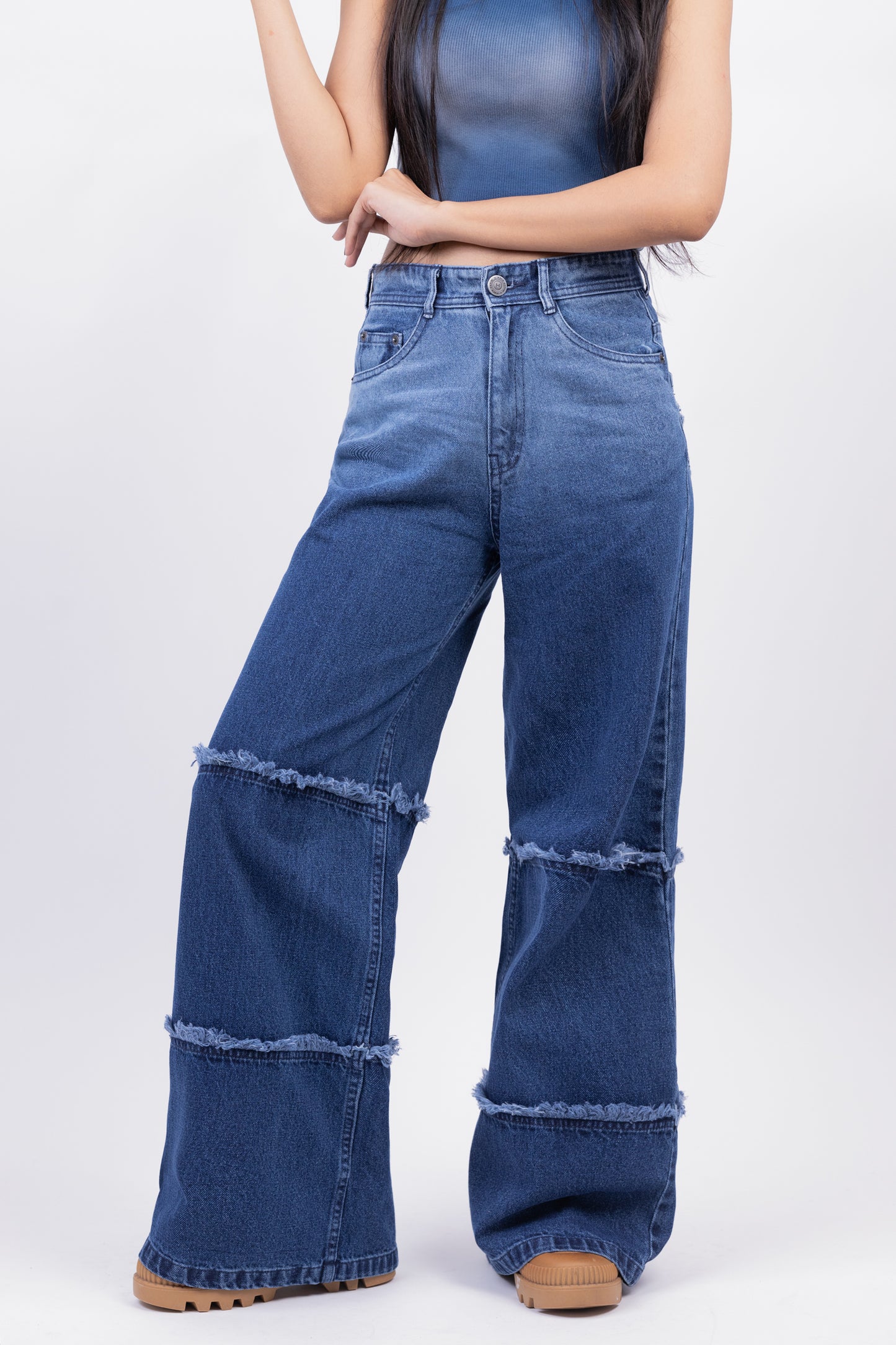 Two Tone High Waist Wide Leg Jeans