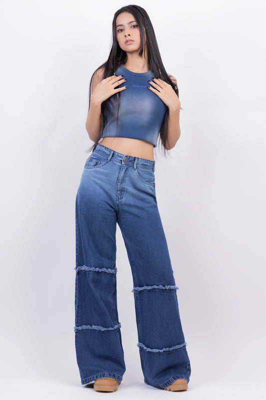 Two Tone High Waist Wide Leg Jeans