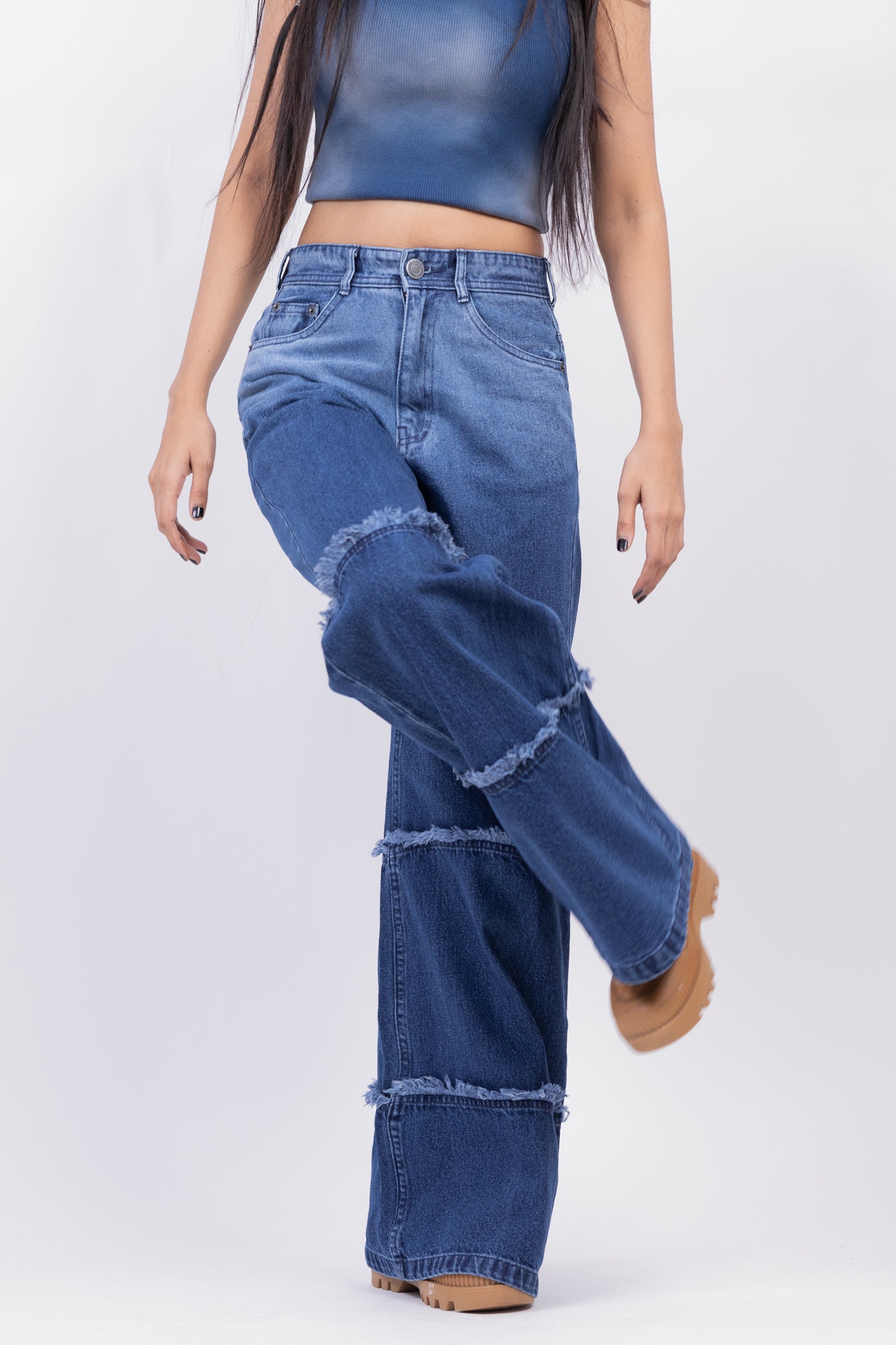 Two Tone High Waist Wide Leg Jeans