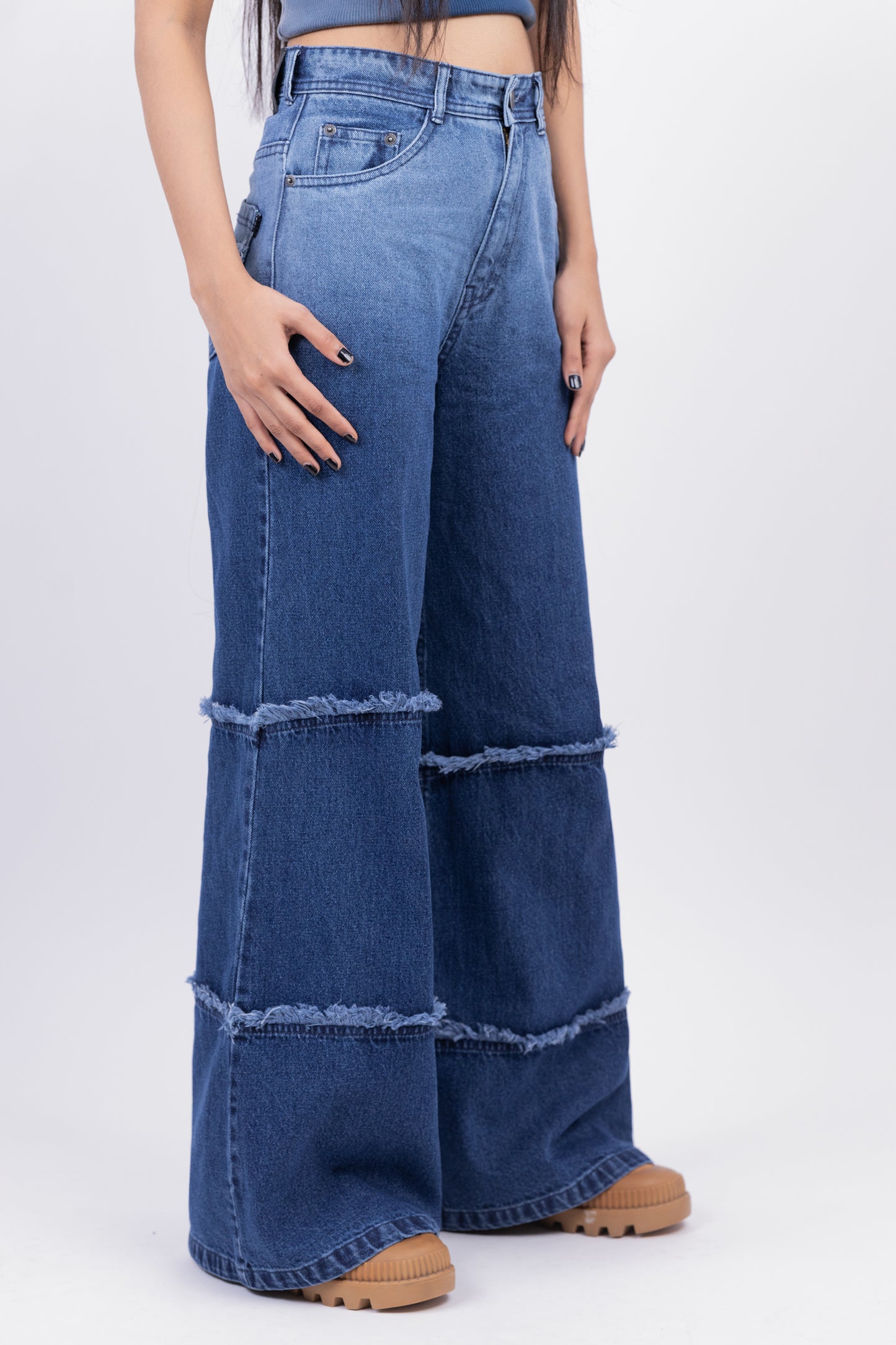 Two Tone High Waist Wide Leg Jeans