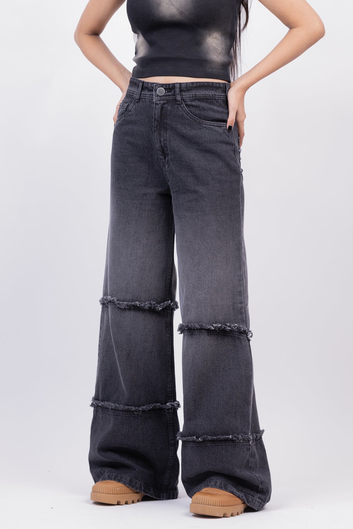 Two Tone High Waist Wide Leg Jeans