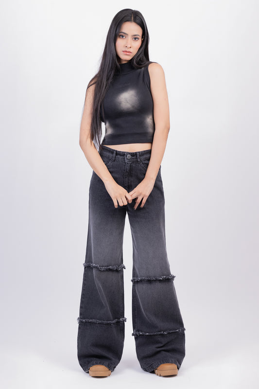 Two Tone High Waist Wide Leg Jeans