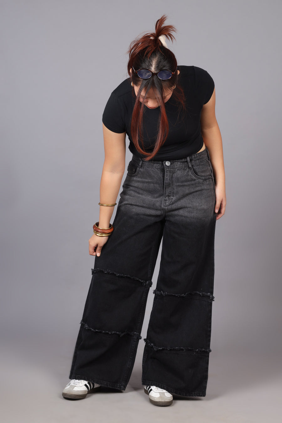 Two Tone High Waist Wide Leg Jeans