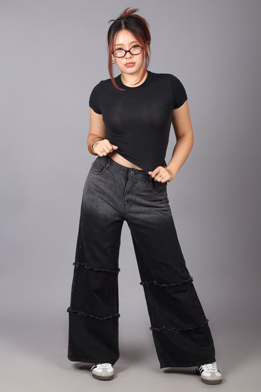 Two Tone High Waist Wide Leg Jeans
