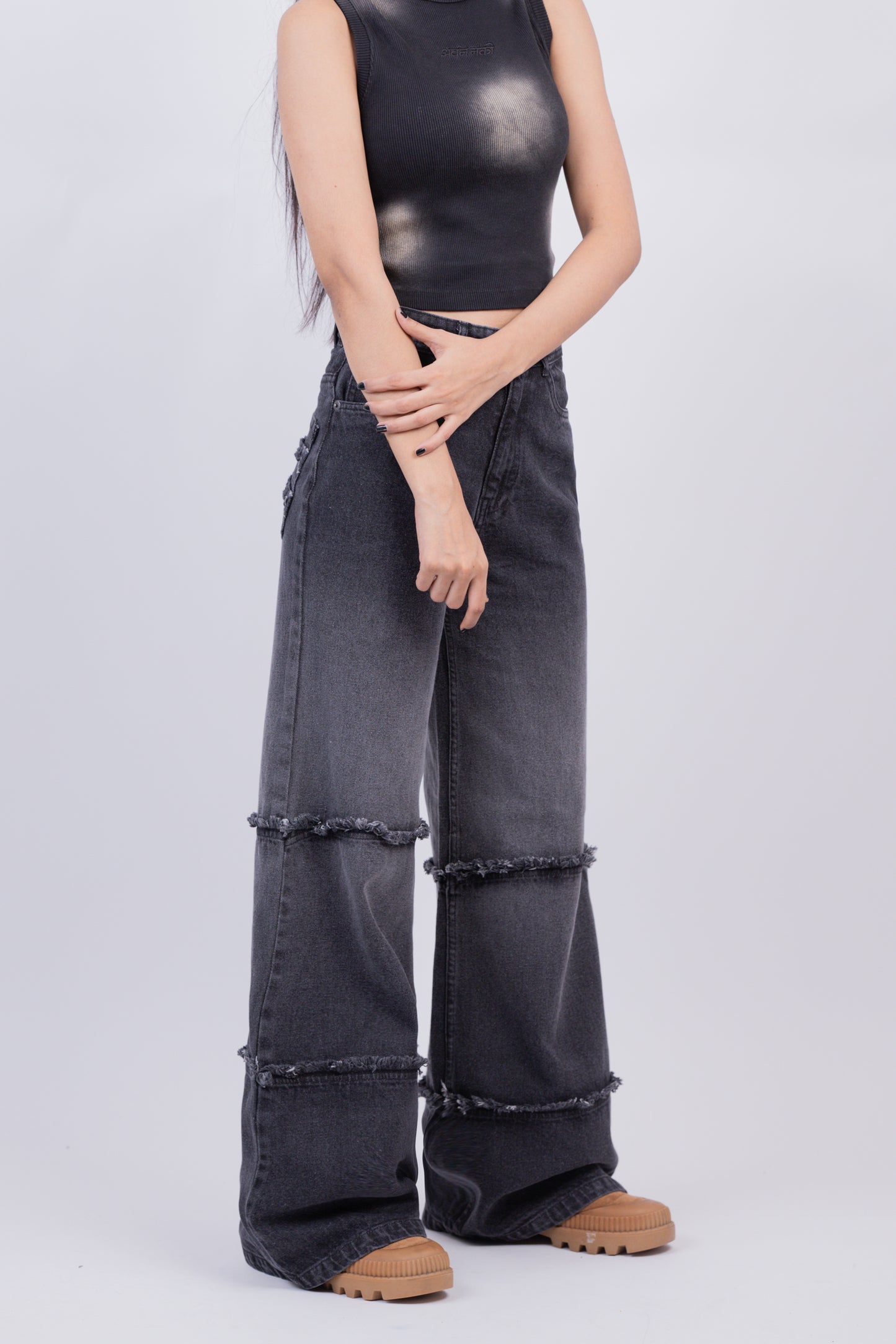 Two Tone High Waist Wide Leg Jeans