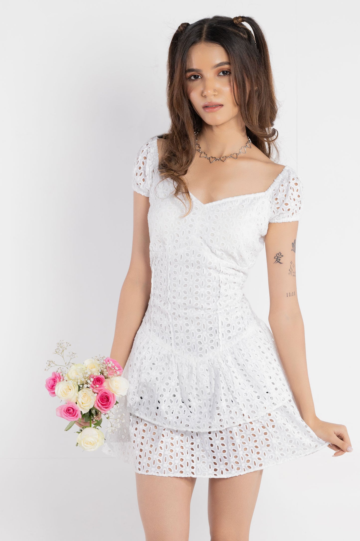 Sweetheart Neck Eyelet Mini Dress